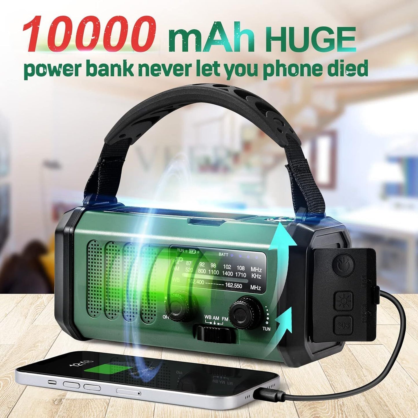 Stay Prepared Anywhere with the 10,000mAh Solar Hand Crank Weather Radio - Your Ultimate AM/FM/SOS/NOAA Lifesaver!