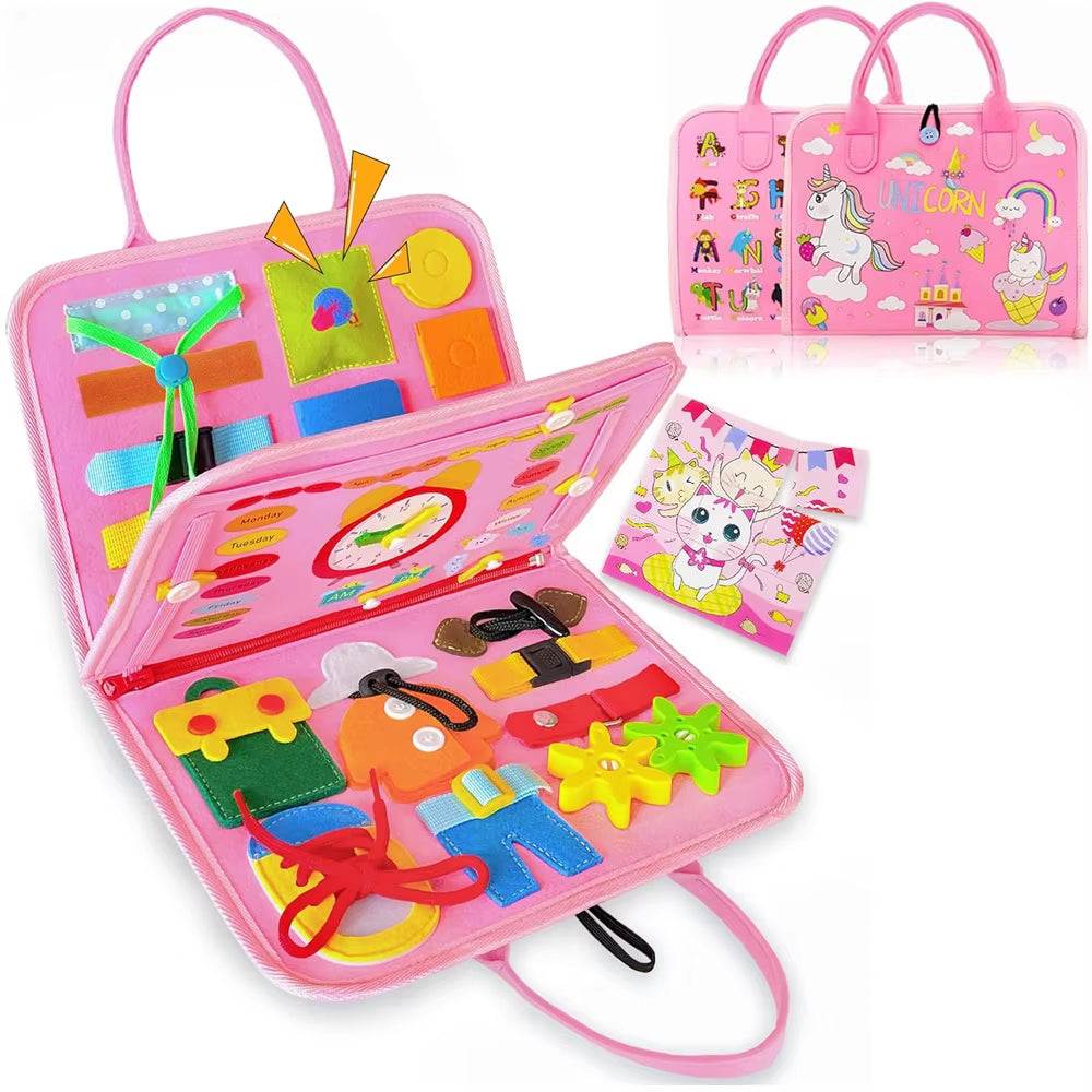 Toddler Busy Board Montessori Toys Learning Educational Activities Travel Toy Dinosaur Dress up Sensory Life Skill Backpack