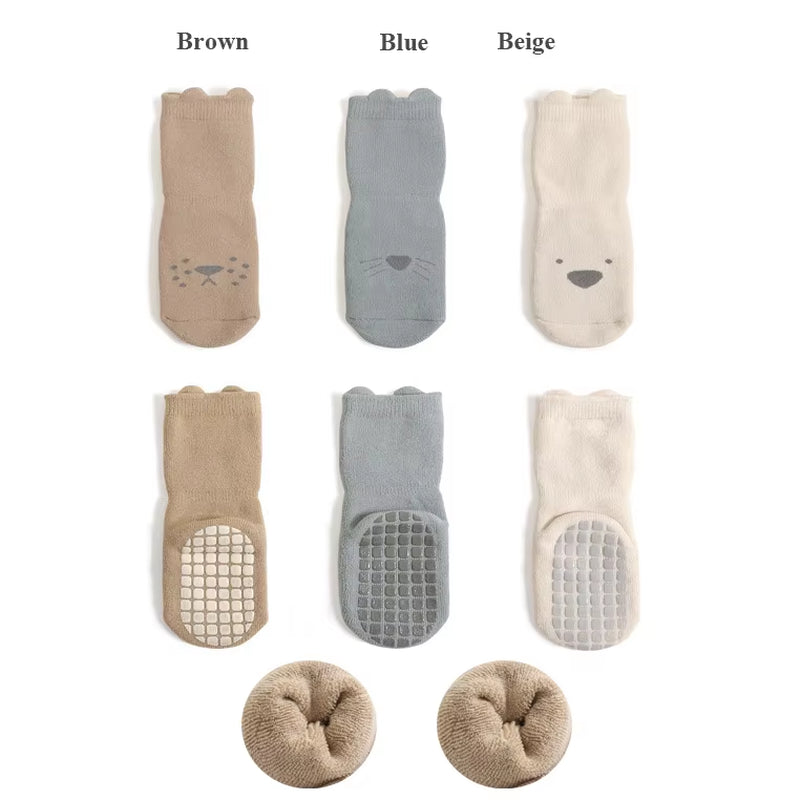 3 Pairs Winter Warm Newborn Baby Girls and Boys Anti-Slip Socks Toddler Cute Cartoon Floor Wearing Accessories