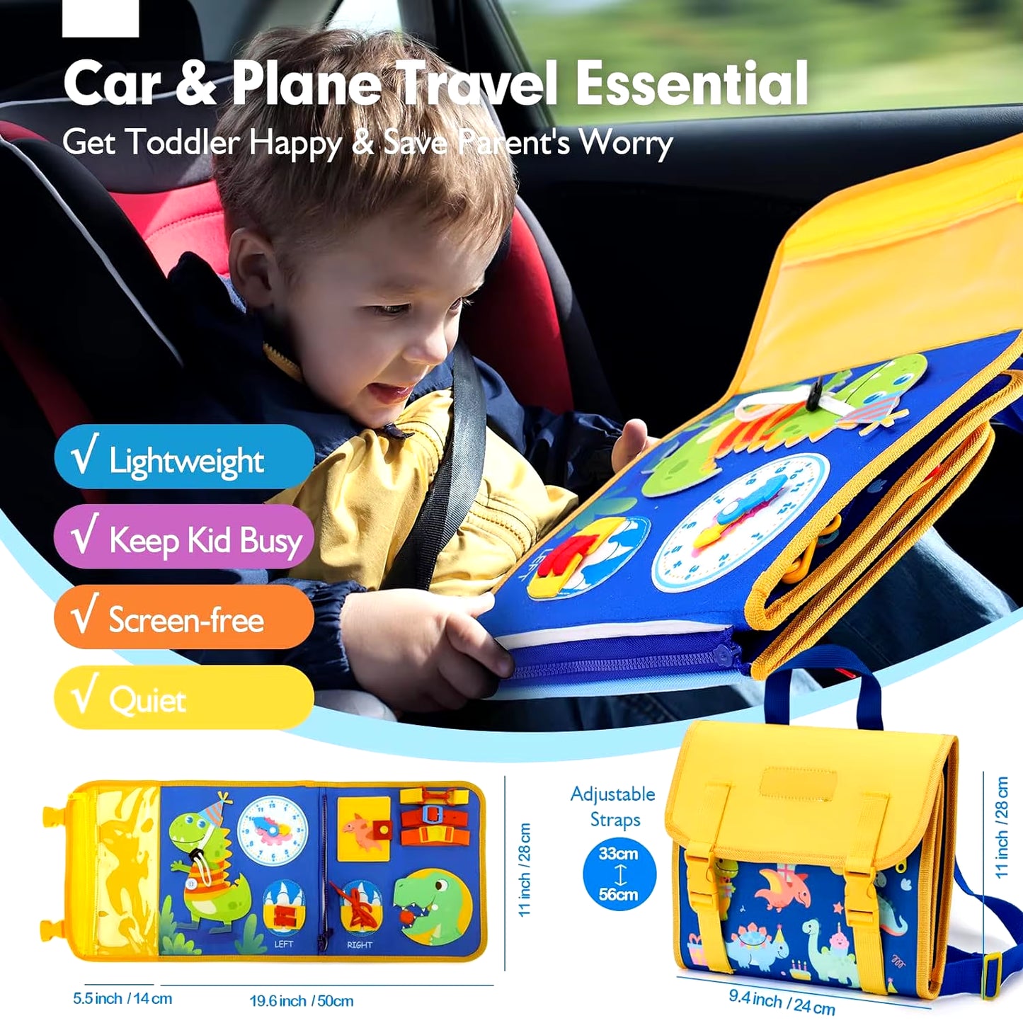 Toddler Busy Board Montessori Toys Learning Educational Activities Travel Toy Dinosaur Dress up Sensory Life Skill Backpack