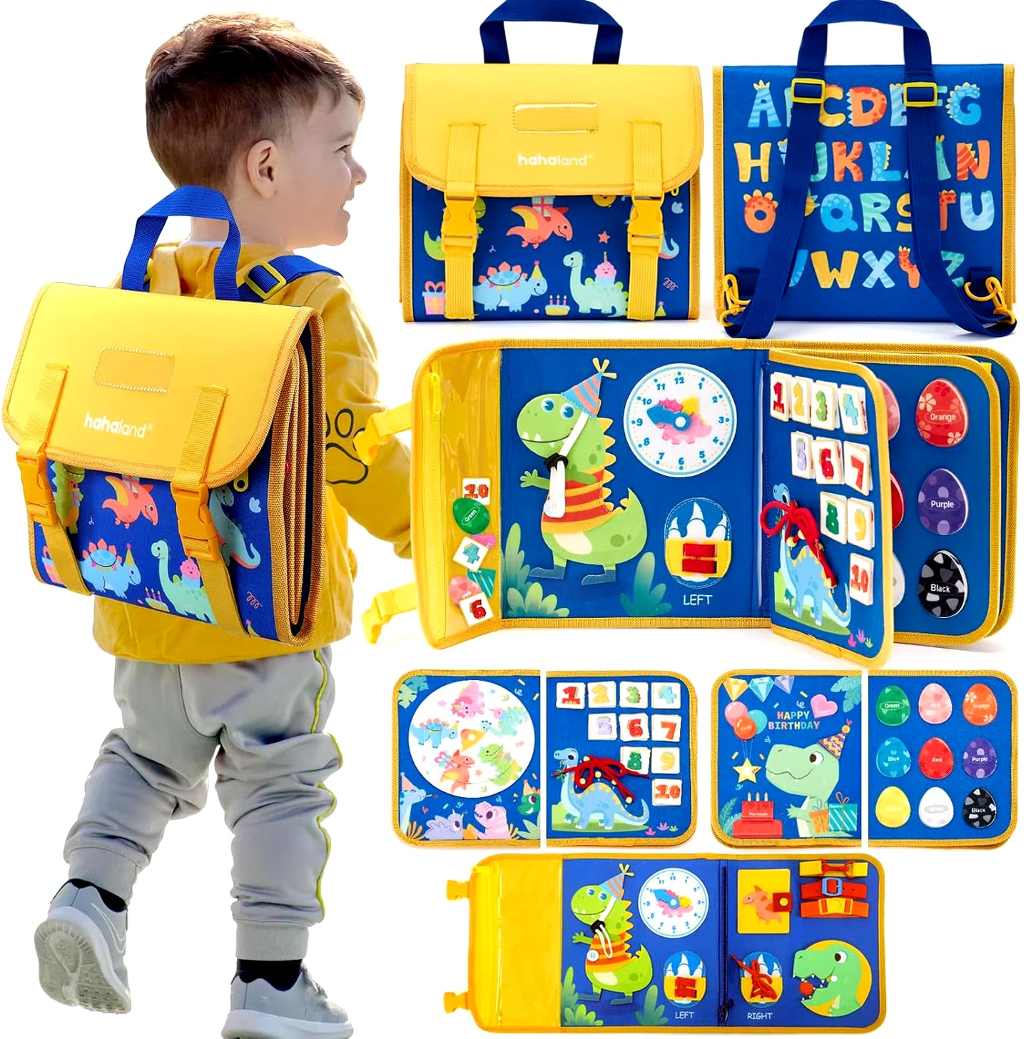 Toddler Busy Board Montessori Toys Learning Educational Activities Travel Toy Dinosaur Dress up Sensory Life Skill Backpack