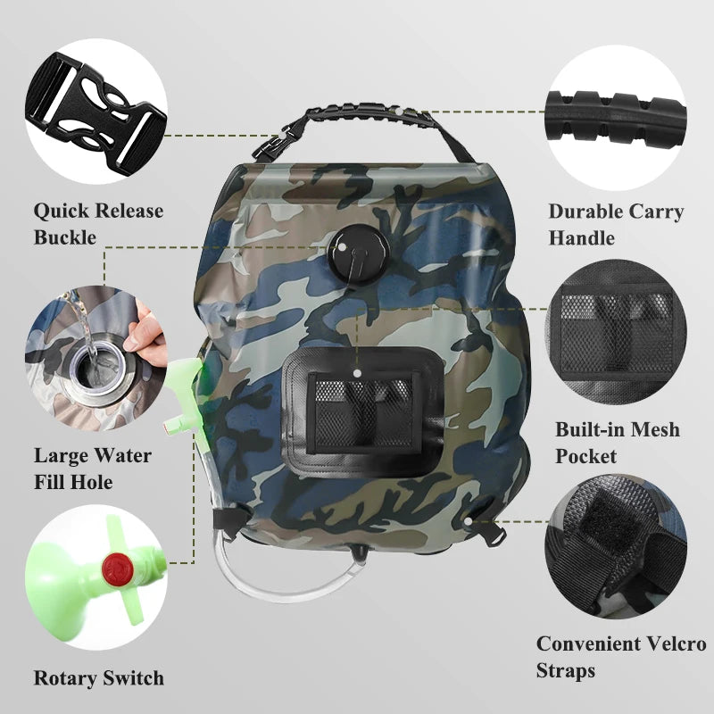 Solar Shower Bag 20L Solar Heating Camping Shower Bag Removable Hose On-Off Switchable Shower Head Portable Shower