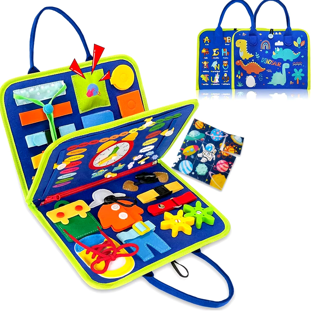 Toddler Busy Board Montessori Toys Learning Educational Activities Travel Toy Dinosaur Dress up Sensory Life Skill Backpack