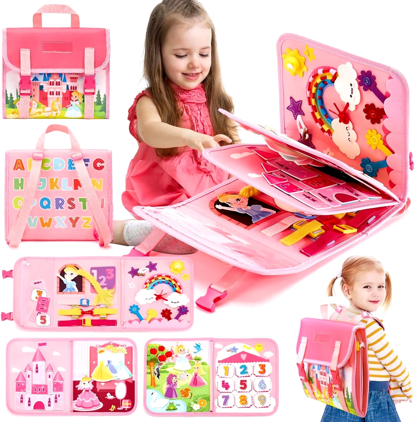 Toddler Busy Board Montessori Toys Learning Educational Activities Travel Toy Dinosaur Dress up Sensory Life Skill Backpack