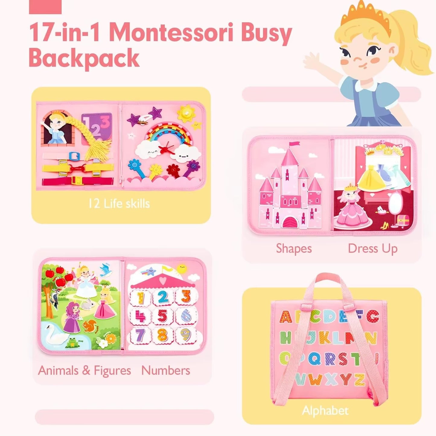 Toddler Busy Board Montessori Toys Learning Educational Activities Travel Toy Dinosaur Dress up Sensory Life Skill Backpack
