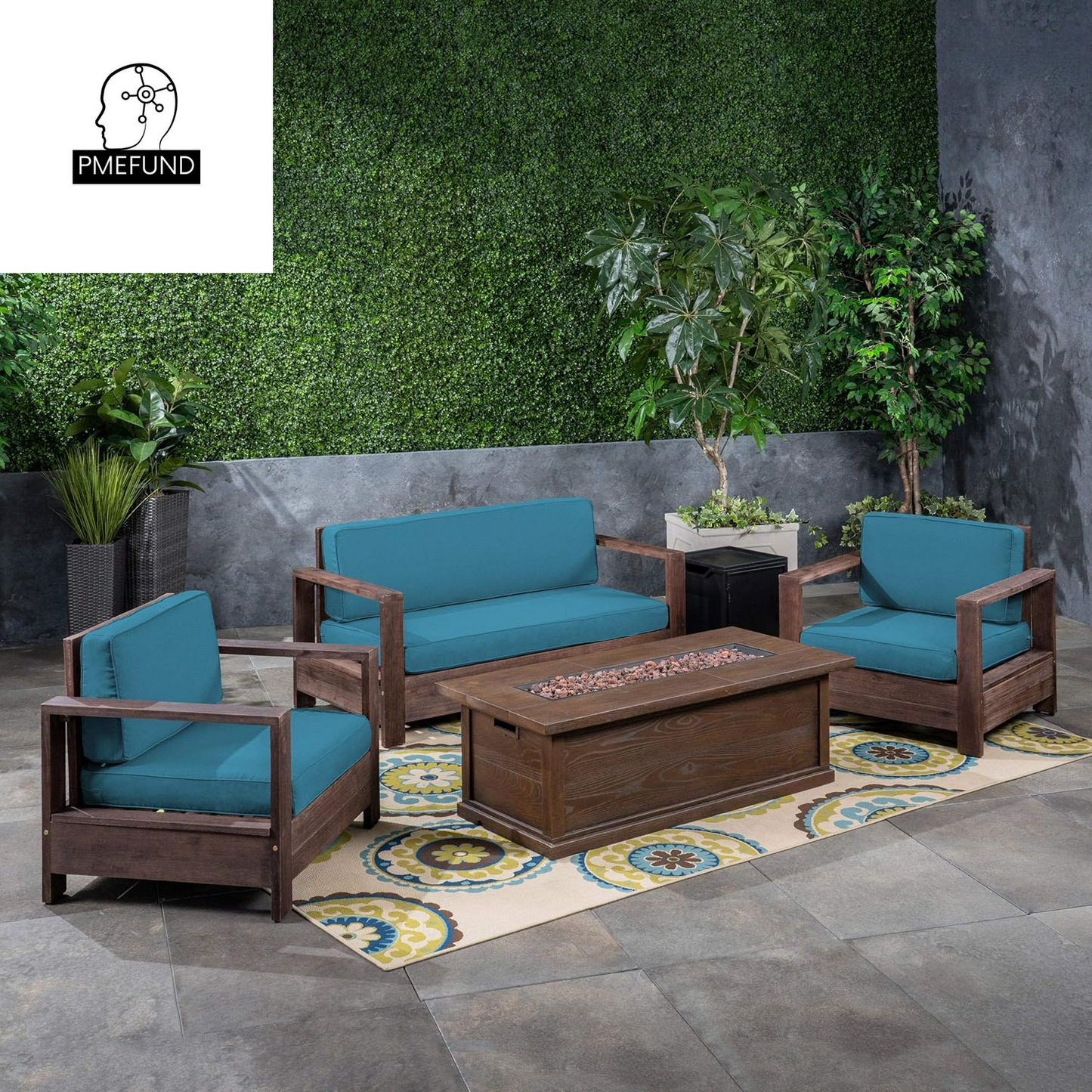 Great Deal Furniture Outdoor 4-Seater Acacia Wood Chat Set with Fire Pit and Tank Holder, Brushed Brown with Dark Teal and Brown with Wood Pattern and Black