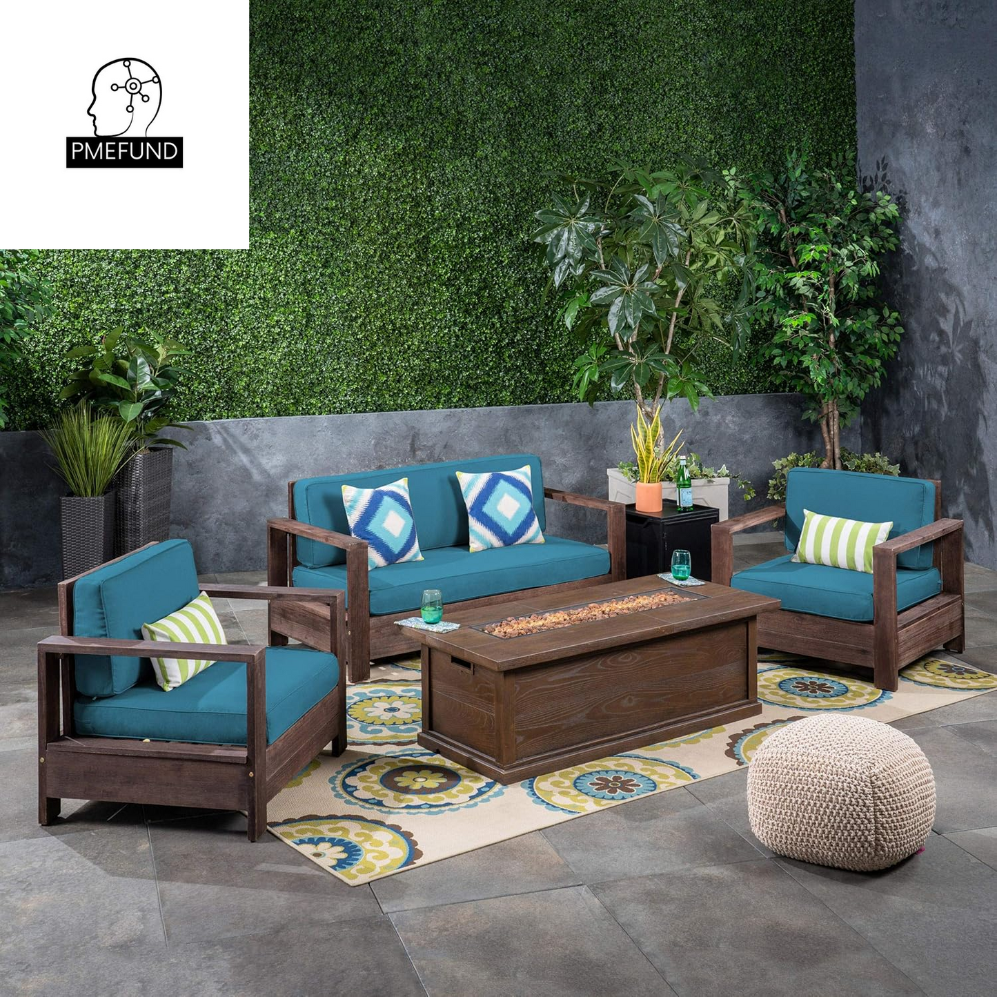 Great Deal Furniture Outdoor 4-Seater Acacia Wood Chat Set with Fire Pit and Tank Holder, Brushed Brown with Dark Teal and Brown with Wood Pattern and Black
