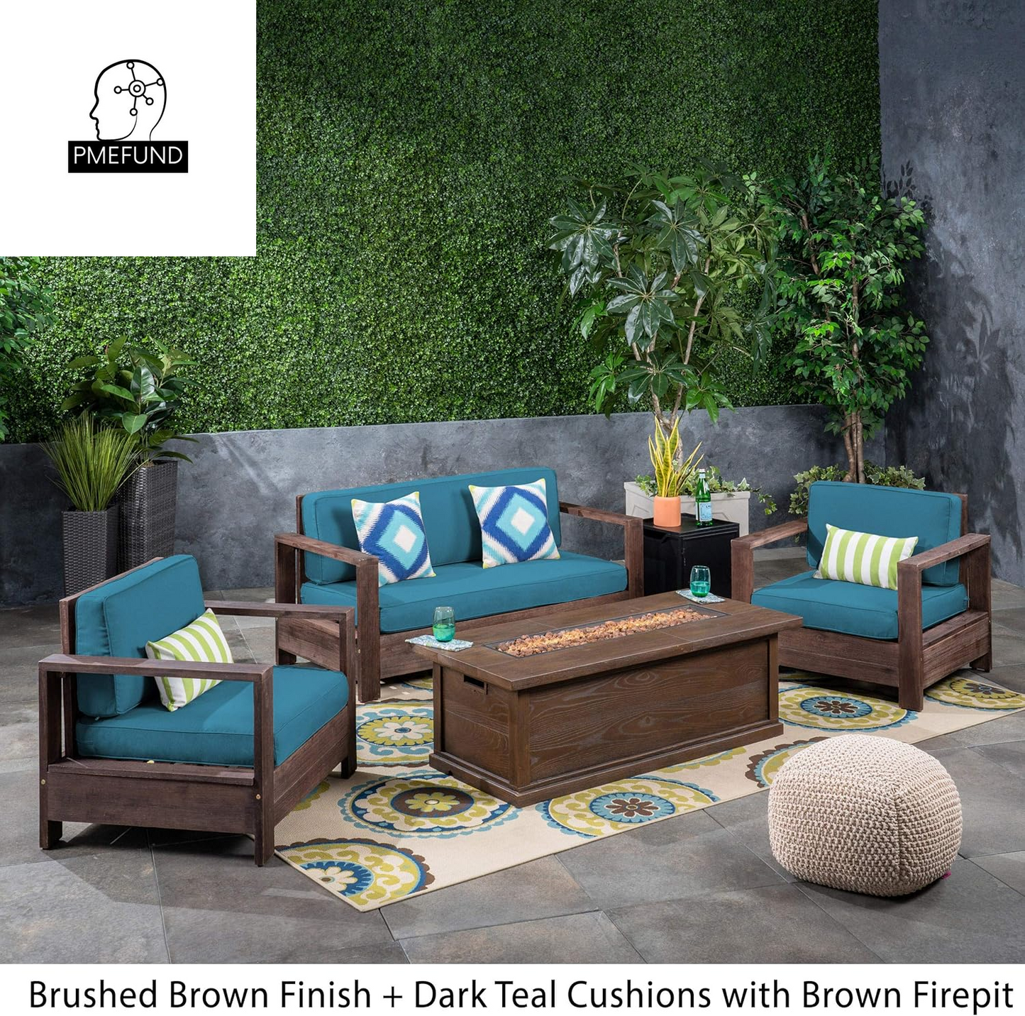 Great Deal Furniture Outdoor 4-Seater Acacia Wood Chat Set with Fire Pit and Tank Holder, Brushed Brown with Dark Teal and Brown with Wood Pattern and Black