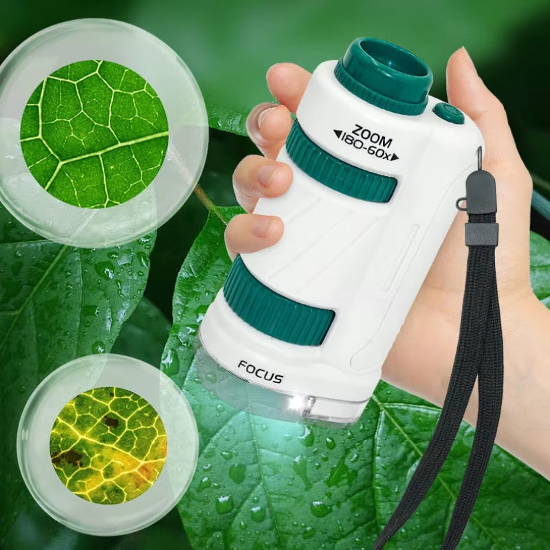 Kids Science Stem Toy Handheld Microscope Kit 60-180X Education Biological Pocket Microscope with LED Light Outdoor Children Toy