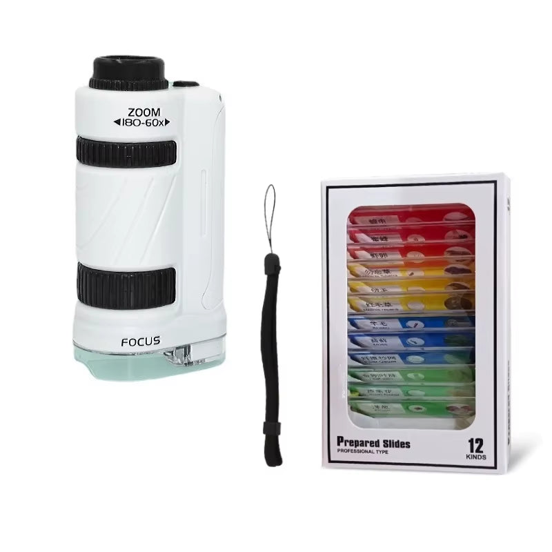 Kids Science Stem Toy Handheld Microscope Kit 60-180X Education Biological Pocket Microscope with LED Light Outdoor Children Toy