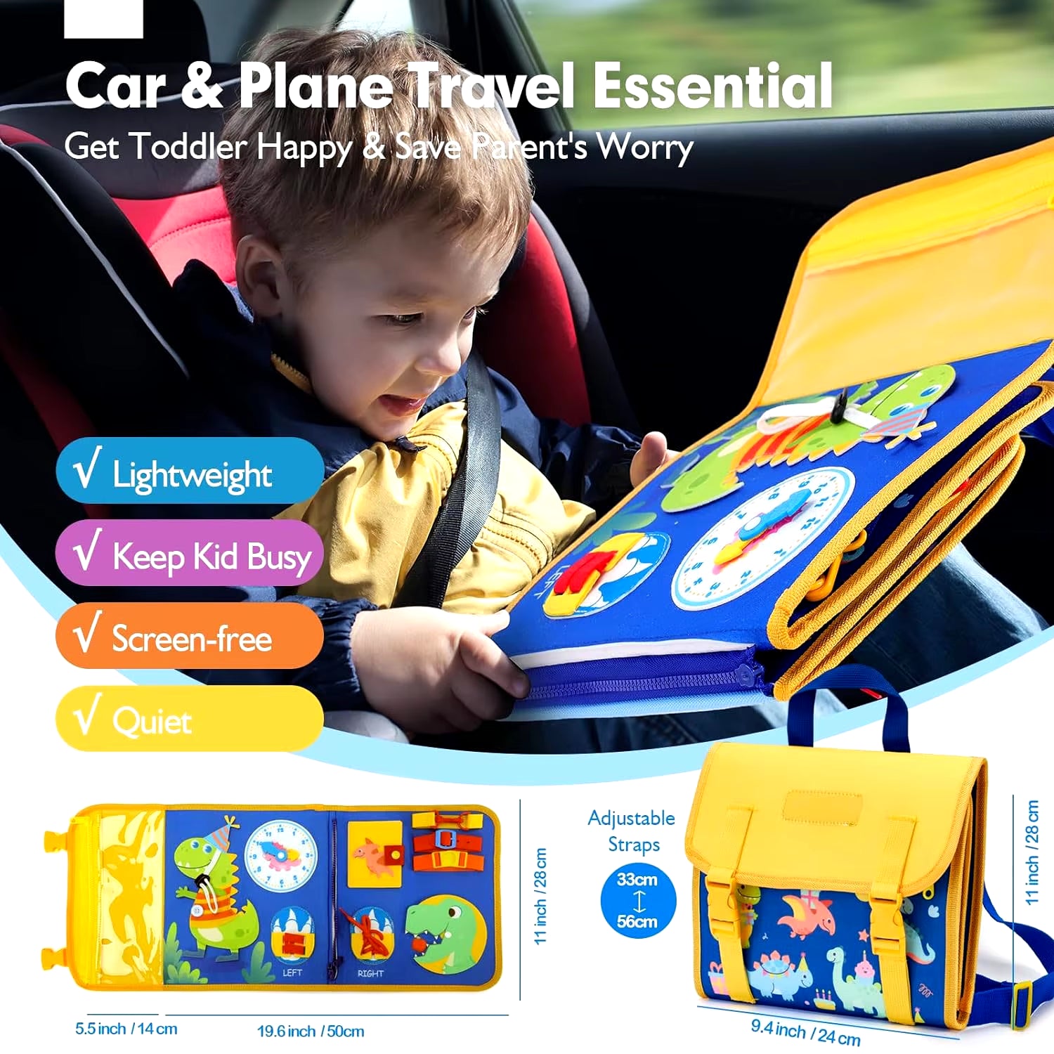 Toddler Busy Board Montessori Toys Learning Educational Activities Travel Toy Dinosaur Dress up Sensory Life Skill Backpack