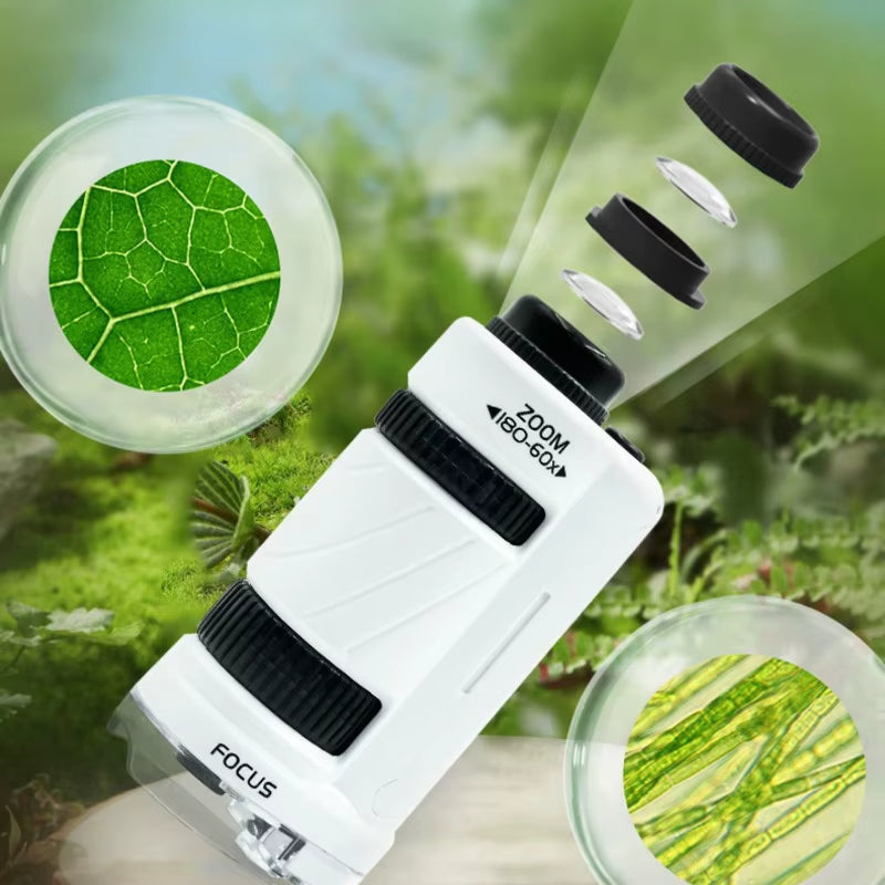 Kids Science Stem Toy Handheld Microscope Kit 60-180X Education Biological Pocket Microscope with LED Light Outdoor Children Toy