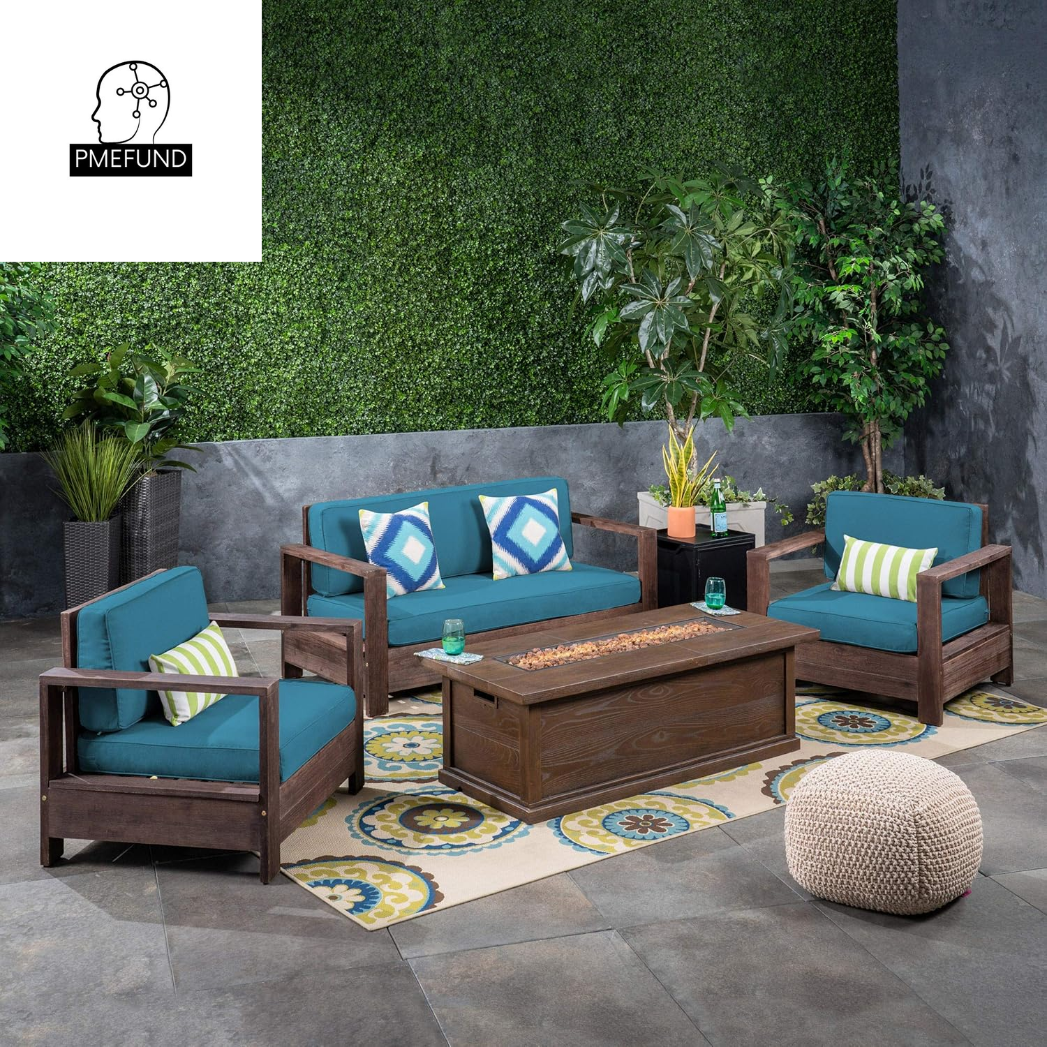 Great Deal Furniture Outdoor 4-Seater Acacia Wood Chat Set with Fire Pit and Tank Holder, Brushed Brown with Dark Teal and Brown with Wood Pattern and Black