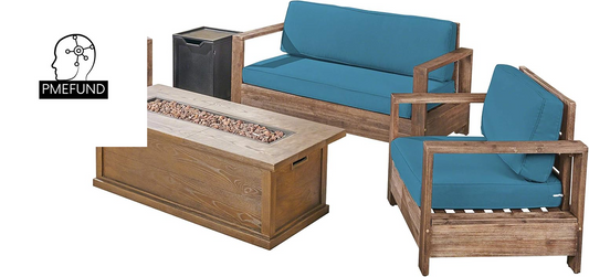 Great Deal Furniture Outdoor 4-Seater Acacia Wood Chat Set with Fire Pit and Tank Holder, Brushed Brown with Dark Teal and Brown with Wood Pattern and Black